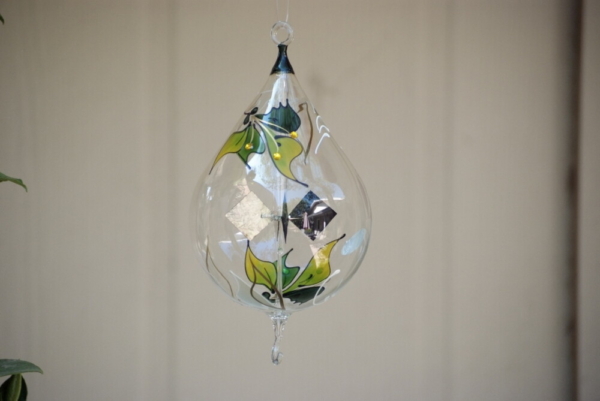 Hand-painted Green leaves on Oval crystal ball hanging