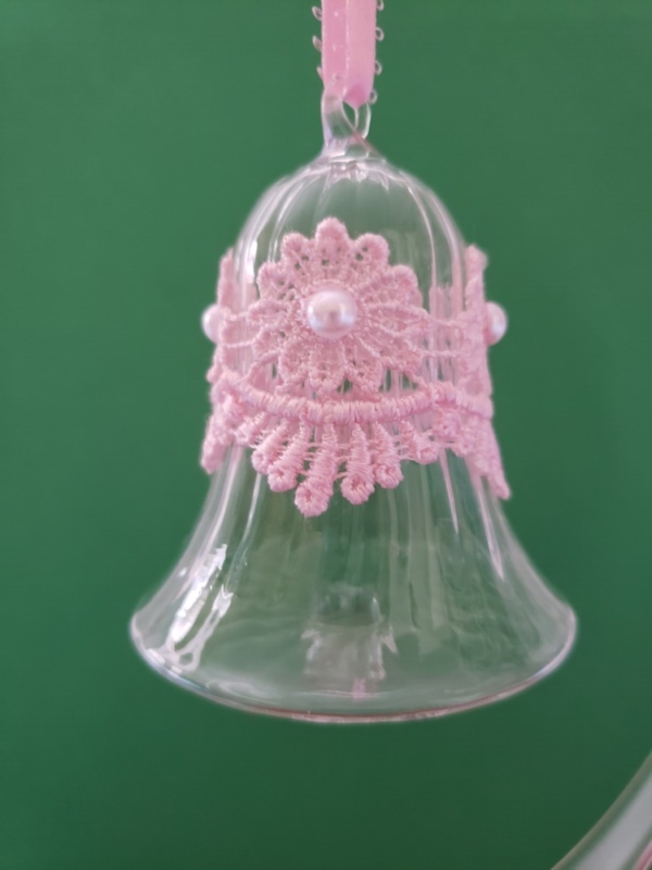 Egyptian Glass Crystal bell with a pink lace band