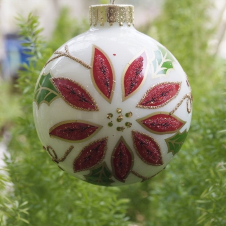 Hand-painted Red, green and white Glass Bauble