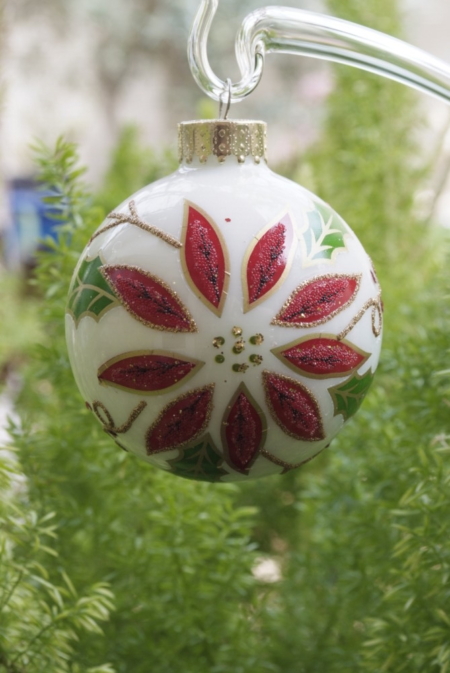 Hand-painted Red, green and white Glass Bauble