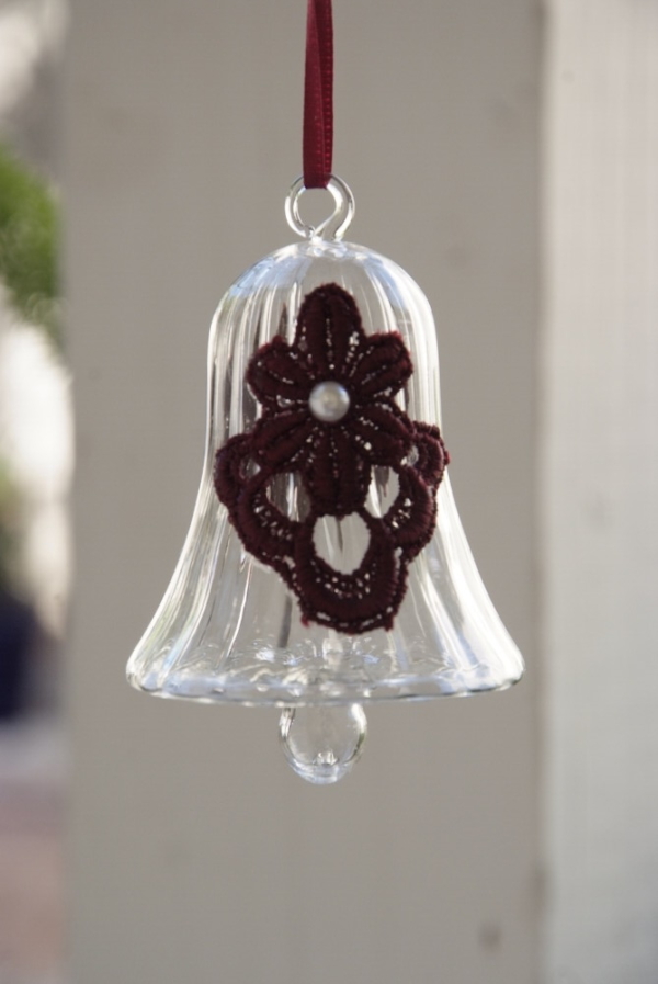 Egyptian Glass Crystal bell with a maroon lace flower