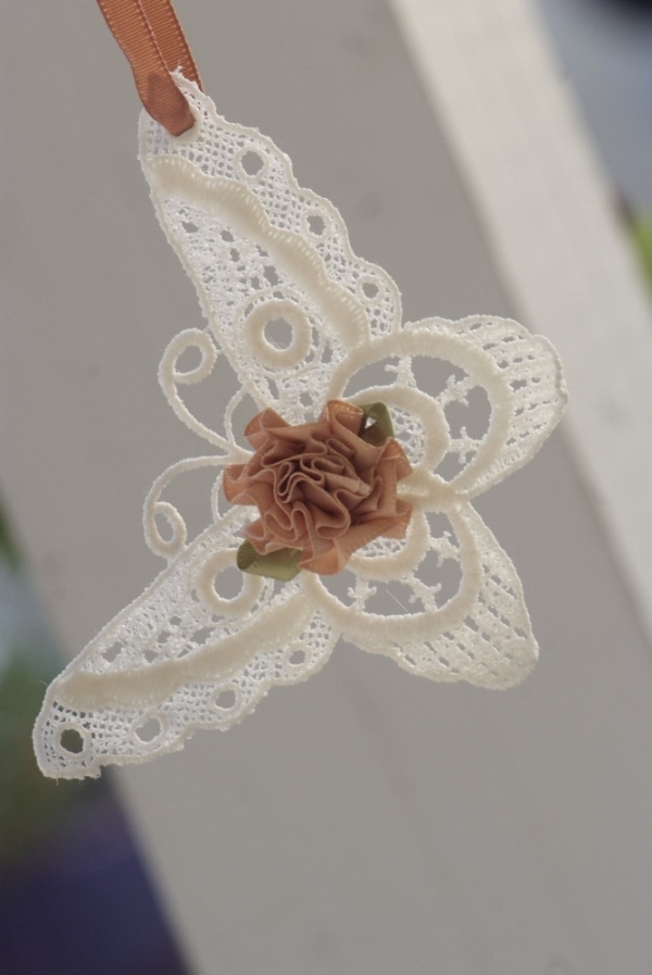 Hanging Butterfly shape in white lace and a brown flower